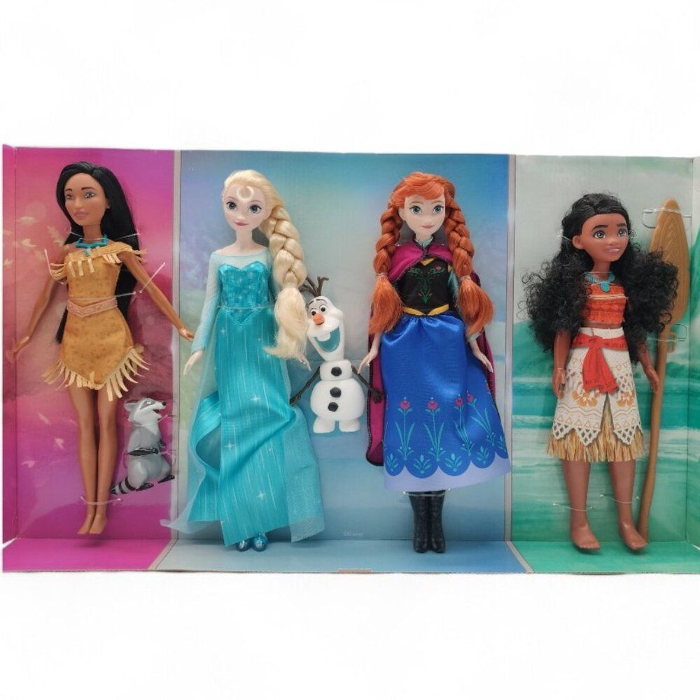 Disney 100th Anniversary 4 Doll Gift Set Pocahontas Anna Elsa Moana Meeko Olaf